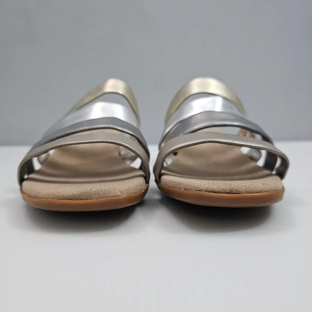 Munro Adrianne Metallic Strappy Sandal Womens 10 NARROW Taupe Leather Slide